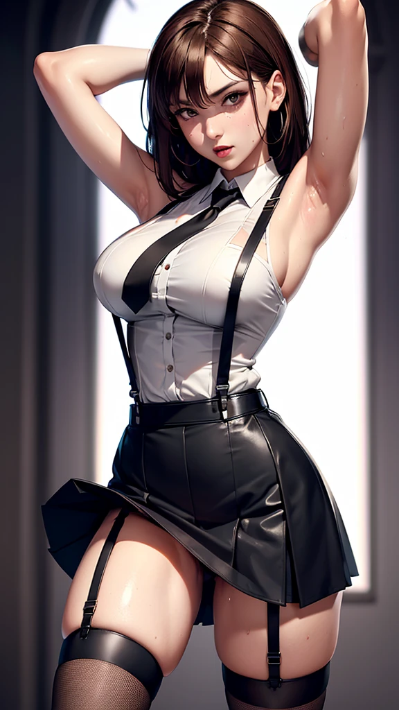 Black skirt, 　Suspenders, Brown hair grey eyes, Garters on legs, Tight clothing, 　　 belt　Armpit sweating　　Poker face　Medium breasts