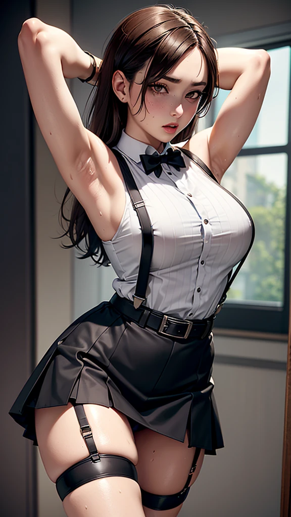 Black skirt, 　Suspenders, Brown hair grey eyes, Garters on legs, Tight clothing, 　　 belt　Armpit sweating　　Poker face　Medium breasts