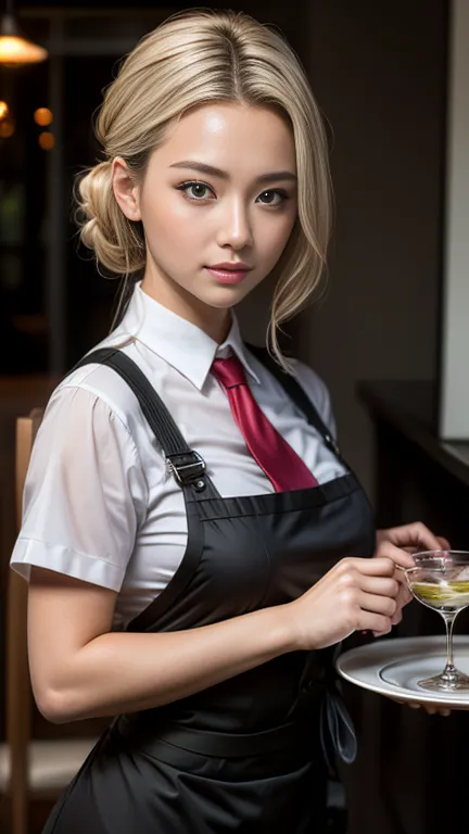 (8K, RAW Photos, 最high quality, masterpiece: 1.2), (Realistic, photoRealistic: 1.37), 1 A woman wearing a waitress uniform stand...