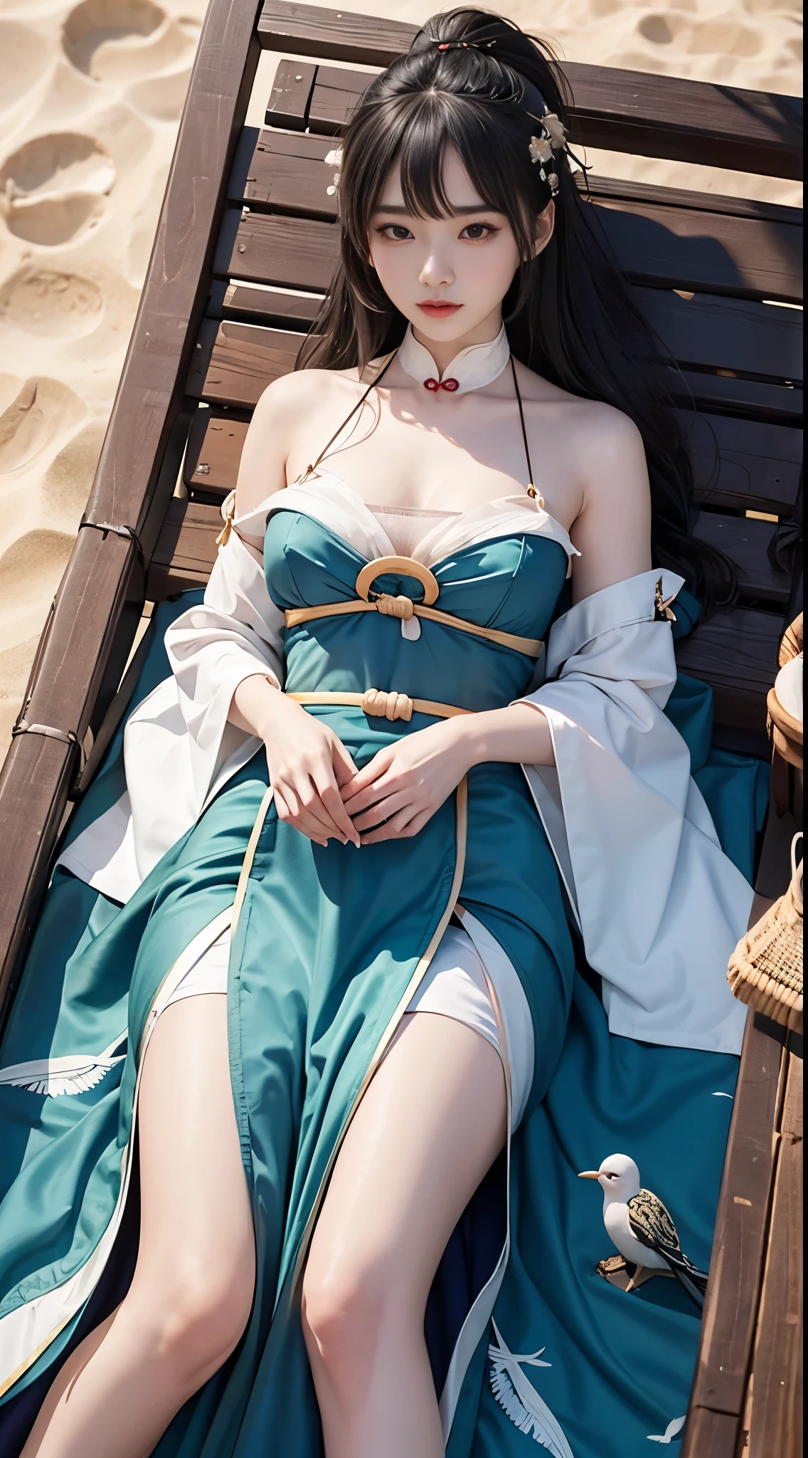 Hanfu, (masterpiece, best quality:1.2), 1 Girl, Solitary, ((Bare shoulders)), ((I-type Valley)), ((E-cup)), (Practical:1.37), ((Lying on the beach)), ((Bird&#39;s-eye view shooting)), Sweet Girl, beautiful妆容, Exquisite makeup, Extremely beautiful eyes, Long hair, curls, slim, Large Breasts, cleveage, Sexy slender legs, The skirt is very short, Leaking sexy legs, Elegant Posture, best quality, correct, correct的手, correct的腿, 解剖学correct, Official Art, complicated, detail的脸, detail, lifelike, Very detailed, Astonishing, beautiful, Young and energetic, Charming model, Detailed CG uniform 8k wallpaper