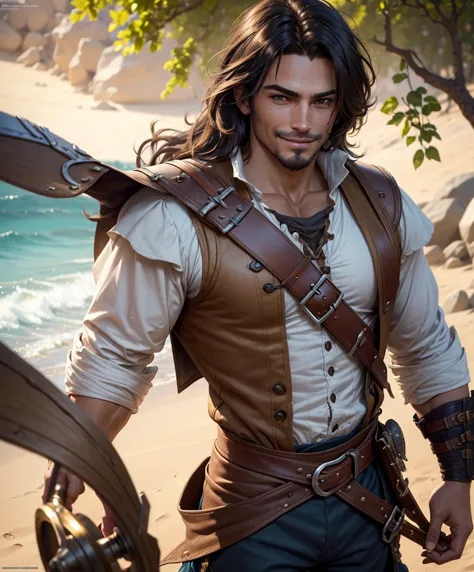 (((Single character image.))) (((1boy))) (((Dressed in medieval swashbuckler attire.))) (((Shoulder length hair))) This is a das...
