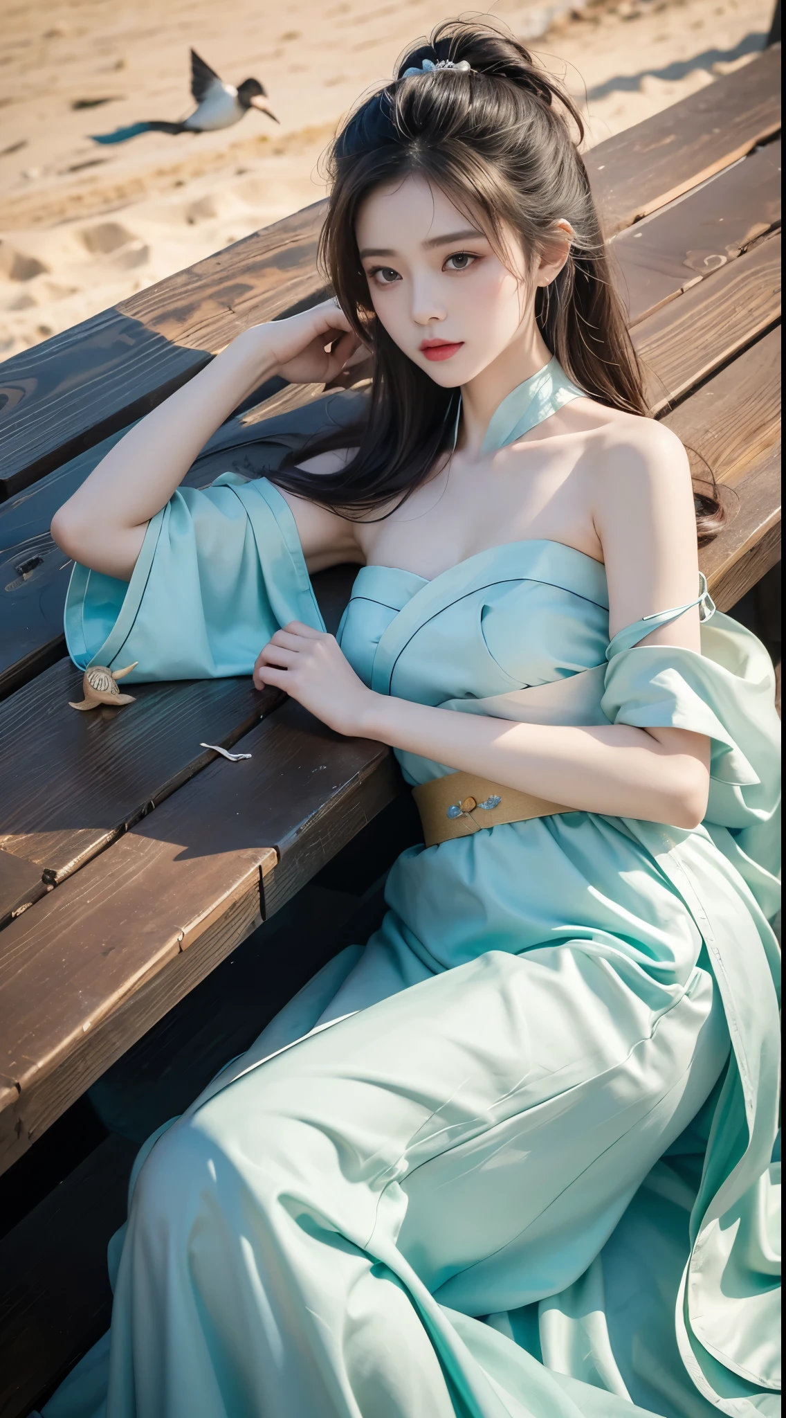 Hanfu, (masterpiece, best quality:1.2), 1 Girl, Solitary, ((Bare shoulders)), ((I-type Valley)), ((E-cup)), (Practical:1.37), ((Lying on the beach)), ((Bird&#39;s-eye view shooting)), Sweet Girl, beautiful妆容, Exquisite makeup, Extremely beautiful eyes, Long hair, curls, slim, Large Breasts, cleveage, Sexy slender legs, The skirt is very short, Leaking sexy legs, Elegant Posture, best quality, correct, correct的手, correct的腿, 解剖学correct, Official Art, complicated, detail的脸, detail, lifelike, Very detailed, Astonishing, beautiful, Young and energetic, Charming model, Detailed CG uniform 8k wallpaper