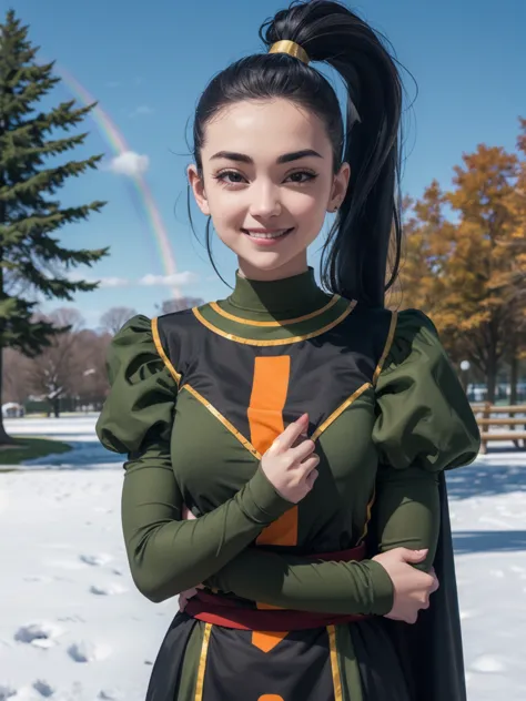 in the wires, black hair, black eyes, ponytail, rainbow cape, white，full body portrait，puffy sleeves, looking at viewer,smiling,...