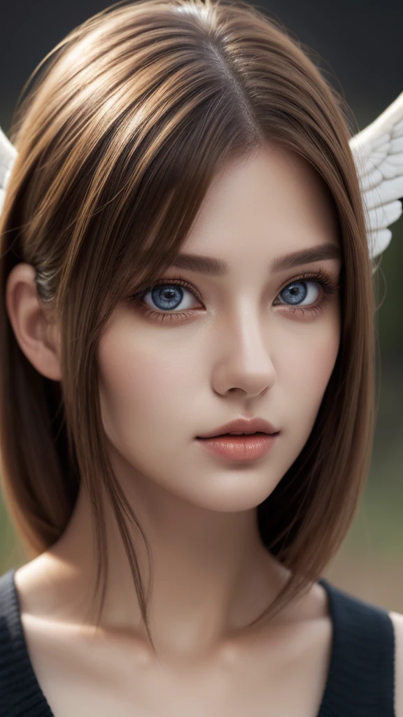 Realistic woman like in the photo, Woman brown eyes, Brown Hair, ultrahd, Surrealism style, Angel, Detailed face  