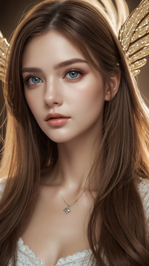 Realistic woman like in the photo, Woman brown eyes, Brown Hair, ultrahd, Surrealism style, Angel, Detailed face  