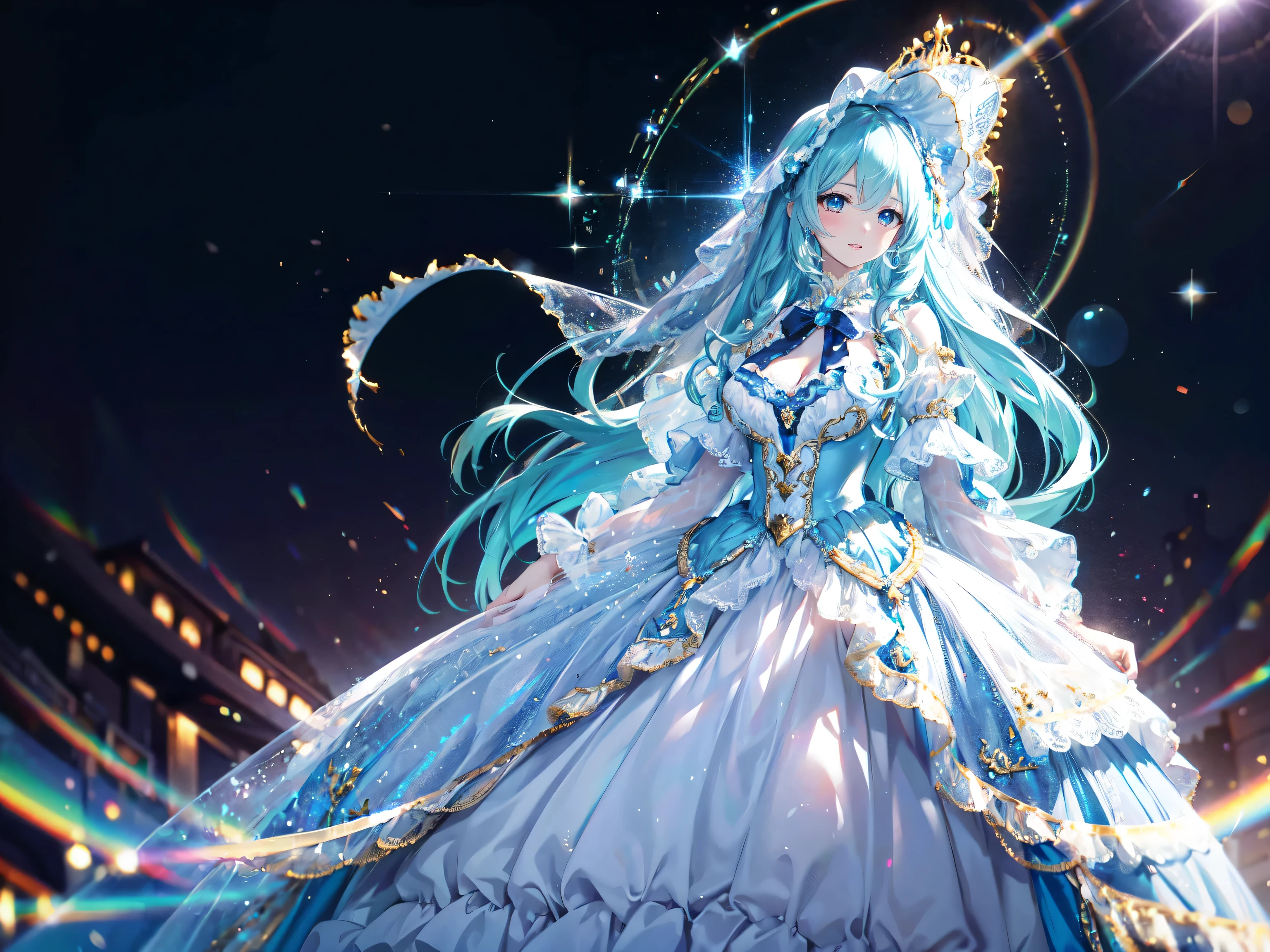 (anime moe art style:1.3), (Masterpiece, ultra detailed, top quality, ultra high res, Spectacular Quality, Distinguished Quality, unity 16k, 32k, ultra photo realistic:1.5), (((dress transparent dress))), (((Unsurpassed gorgeous rococo victorian gown with voluminous hoopskirt and long hems, princess style skirt))), ((((gown ultra elaborate gown))), (gown brilliances dazzlingly glitter reflective prismatic transparency gown), (((Expressive hair, very voluminous and very long hair))), bangs, super delicate and beautiful face, beautiful lips, (hyper detail delicate beautiful eyes blue eyes), (huge , breasts cleavage:1.5), beautiful smile, (((young face, solo Captivating Adorable princess, teen girl, cute girl, very cute teen girl))), (face focus, eye focus, realistic, blurry background), (Lens Flare, Glow, Light caustics effect), 