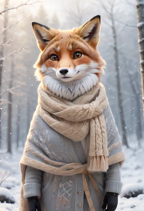 "create an enchanting digital painting of a fox with a thick, bushy tail. the fox is wearing a cozy knit sweater and a matching ...