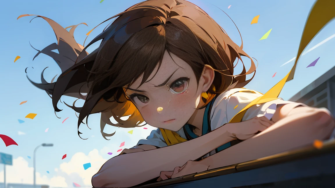 ((Highest quality)), ((masterpiece)), ((Very detailed)),Girl Looking Down,Angry expression，Confetti，Brown Hair,Blue sky and clouds,tears,profile,student,School building