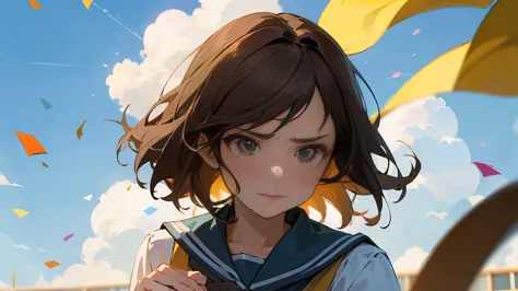 ((highest quality)), ((masterpiece)), ((very detailed)),girl looking down,angry expression，confetti，brown hair,blue sky and clou...