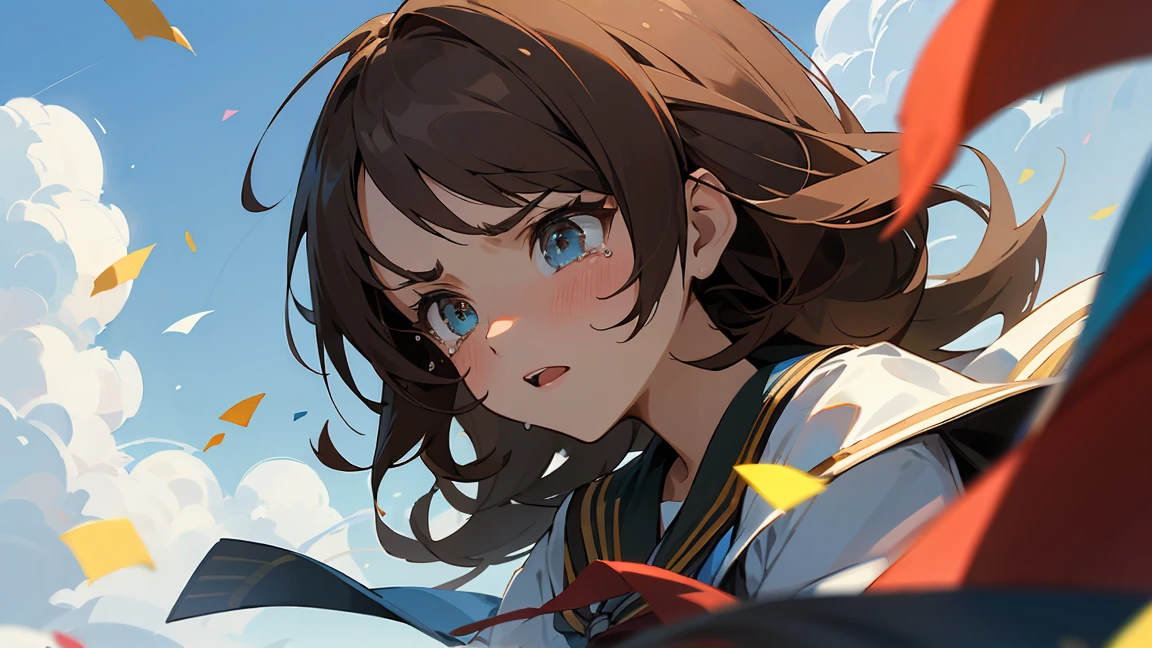 ((Highest quality)), ((masterpiece)), ((Very detailed)),Girl Looking Down,Angry expression，Confetti，Brown Hair,Blue sky and clouds,tears,profile,student,School building