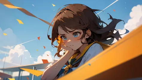 ((highest quality)), ((masterpiece)), ((very detailed)),girl looking down,angry expression，confetti，brown hair,blue sky and clou...