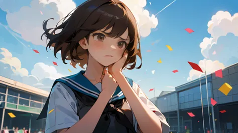 ((highest quality)), ((masterpiece)), ((very detailed)),girl looking down,angry expression，confetti，brown hair,blue sky and clou...