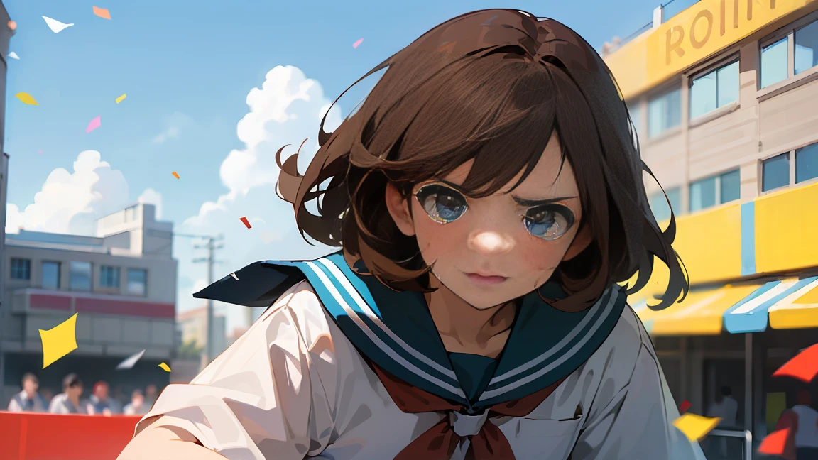 ((Highest quality)), ((masterpiece)), ((Very detailed)),Girl Looking Down,Angry expression，Confetti，Brown Hair,Blue sky and clouds,tears,profile,student,School building,School