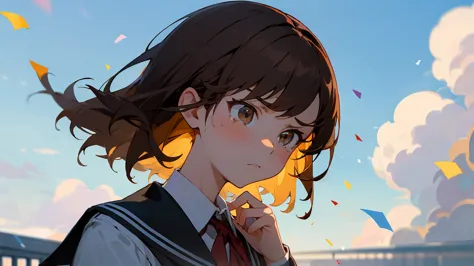 ((highest quality)), ((masterpiece)), ((very detailed)),girl looking down,angry expression，confetti，brown hair,blue sky and clou...