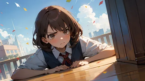 ((highest quality)), ((masterpiece)), ((very detailed)),girl looking down,angry expression，confetti，brown hair,blue sky and clou...