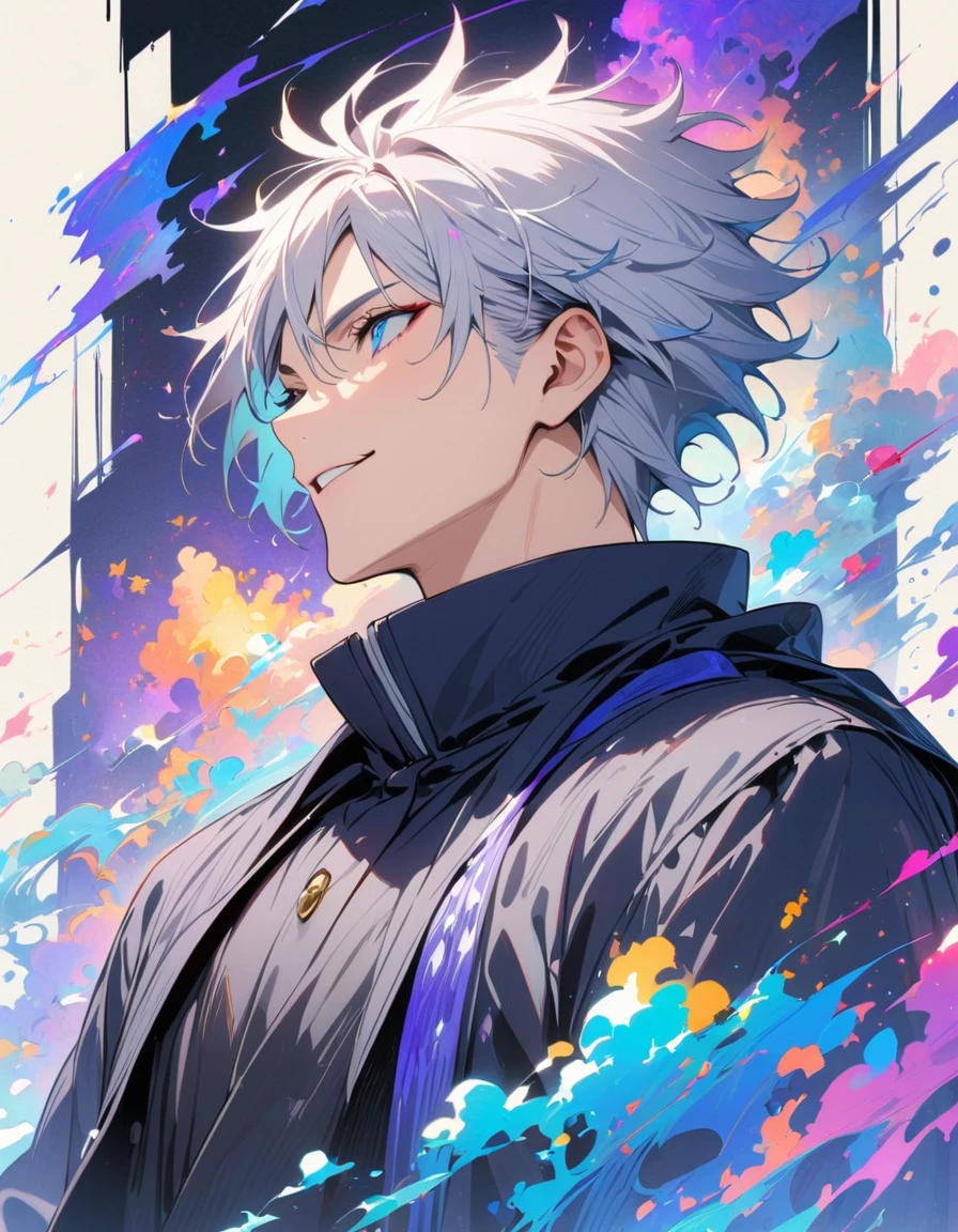 Intricate details,Wide range of colors,artwork,rendering,(masterpiece:1.3),(Highest quality:1.4),(Very detailedな:1.5),High resolution,Very detailed,8K,(1 male,Gojo Satoru,JUJUTSU KAİSEN,Gray Hair)Gojo Satoru,Young people,Be confident々smile,Beautiful Blue Eyes、（The background is blue and purple space）Achieve smooth design