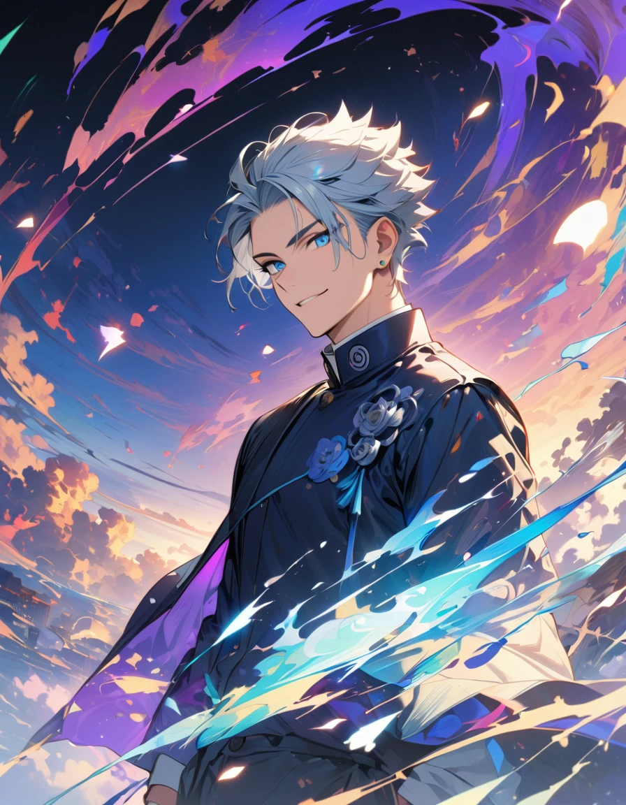 Intricate details,Wide range of colors,artwork,rendering,(masterpiece:1.3),(Highest quality:1.4),(Very detailedな:1.5),High resolution,Very detailed,8K,(1 male,Gojo Satoru,JUJUTSU KAİSEN,Gray Hair)Gojo Satoru,Young people,Be confident々smile,Beautiful Blue Eyes、（The background is blue and purple space）Achieve smooth design