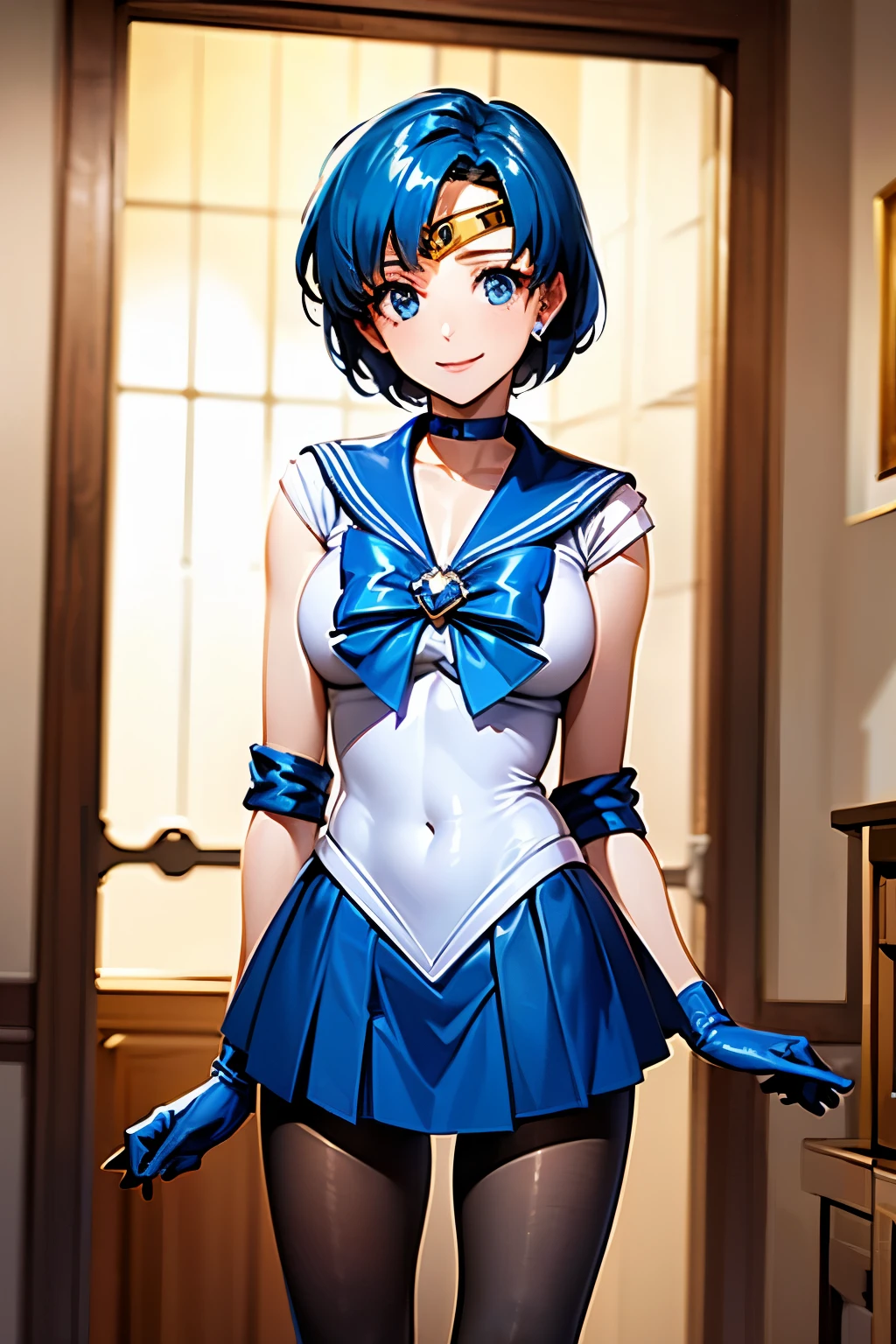 Highest quality, (masterpiece:1.2), Very detailed, 
One girl, alone,
View your viewers, smile, Medium chest, 
Water Eye, Blue Hair, short hair、((pantyhose))、Bedroom、((Sailor Mercury))、((Long gloves))、leotard、mini skirt、boots