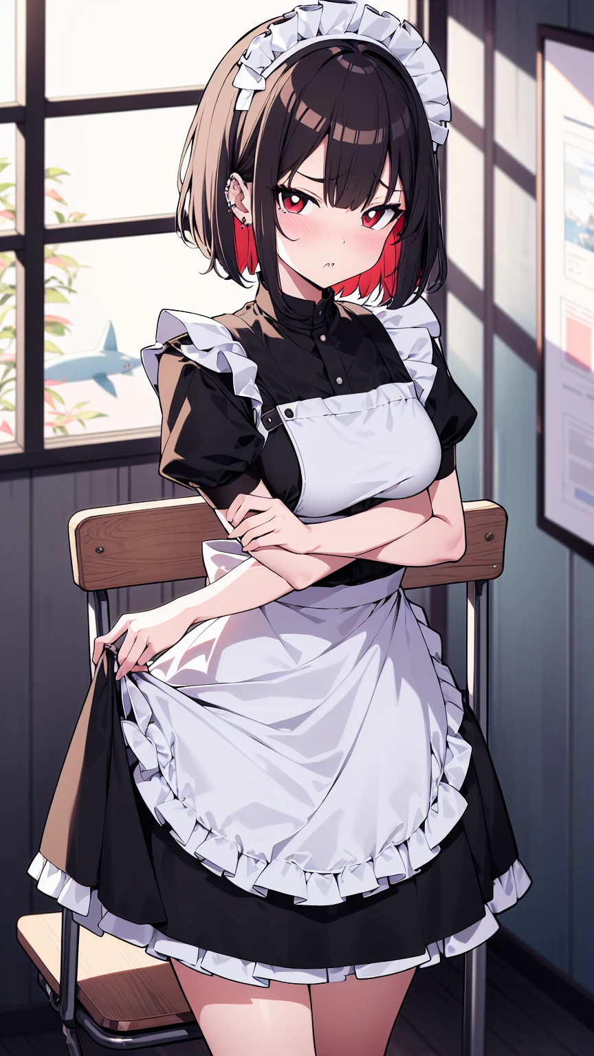 (cowboy shot),(ultra-high resolution, depth of field:1.2),Zenless Zone Zero,(Elen Joe:1.1),1woman,mature,black hair,short hair,inner color hair,(red eyes),medium breasts,crossed arms,maid dress,shark tail,maid apron,maid headdress,piercing,short sleeves,in classroom,sitting,sit in a chair,skirt lift,skirt hold,(((disgust,disgusted)))