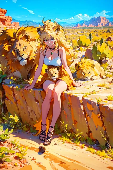 1girl,solo,cute,blond hair,big breast,cleavage,in desert,on the rock,cactus,like a lion,lion girl,mini lion