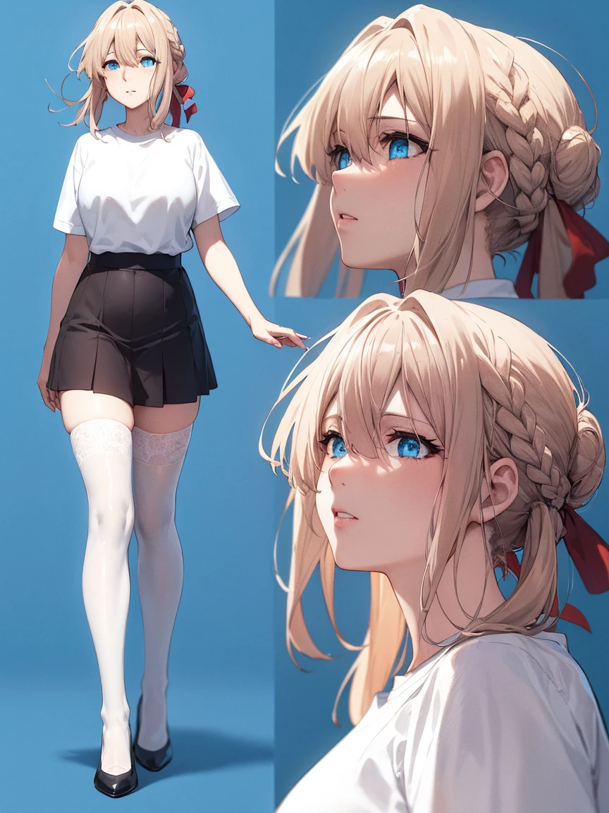 violet evergarden, braid, hair ribbon, red ribbon, jewelry,
BREAK (thighhighs, white shirt:1.2),
BREAK (multiple views:1.5),from behind,from_front,(blue background:1.3),(full body:1.4),arms at sides
BREAK grass, field, flower
BREAK (masterpiece:1.2), best quality, high resolution, unity 8k wallpaper, (illustration:0.8), (beautiful detailed eyes:1.6), extremely detailed face, perfect lighting, extremely detailed CG, (perfect hands, perfect anatomy),