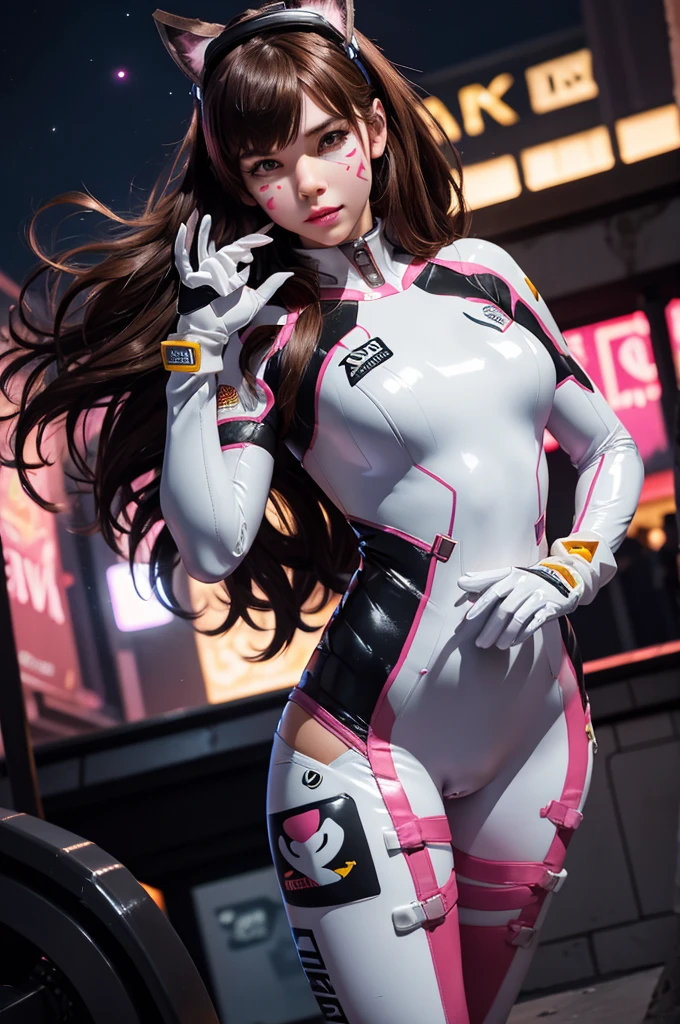 1girll, (D.va (Overwatch):0.8), Solo, Long hair, whisker markings, tightsuit, Brown hair, face markings, mitts, Breasts, Brown eyes, pilotsuit, Earphone, White gloves, Medium breasts, sweeping bangs, skin tight, bangs, Bunny suit, latex bunny suit, shiny, sexual pose, Ribbed one-piece tights, facepaint, Pink lips, questionable, caring, Dark Alley, Night, Night sky, Red light, (Silhouette, hard light:1.2), flirty look