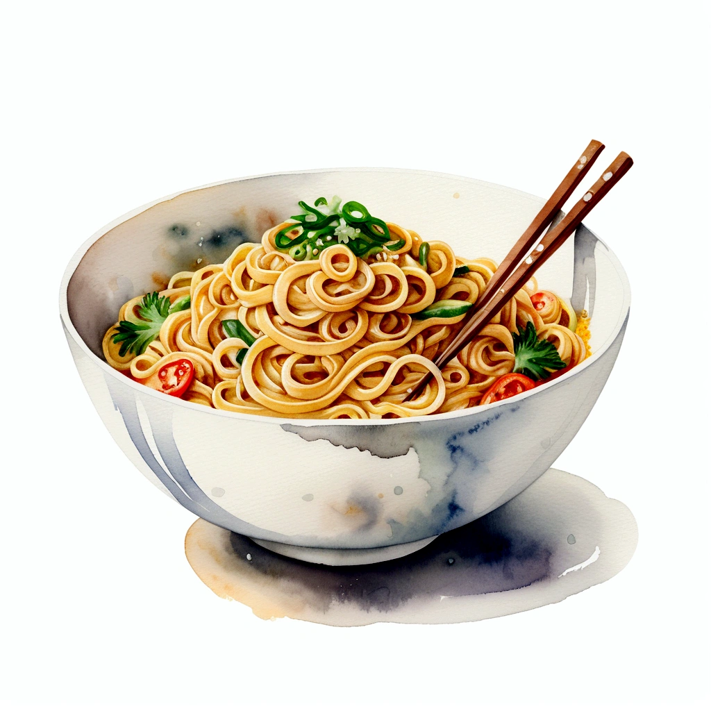 とてもおいしい麺の器, 図, 純粋な白い背景に分離型, ネガティブスペースに囲まれた, 中央構成, 8K, 非常に詳細な絵画, 非常に正確, 孤立した, クリアで明るい白い背景, 視点 視点, 実用的, 水彩