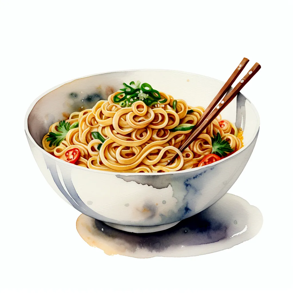 A very delicious bowl of noodles, illustration, Isolated on pure white background, Surrounded by negative space, Central Composi...