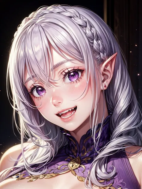 detailed face, (purple eyes), long eyelashes, realistic skin,pointy ears,open mouth,naughty smile