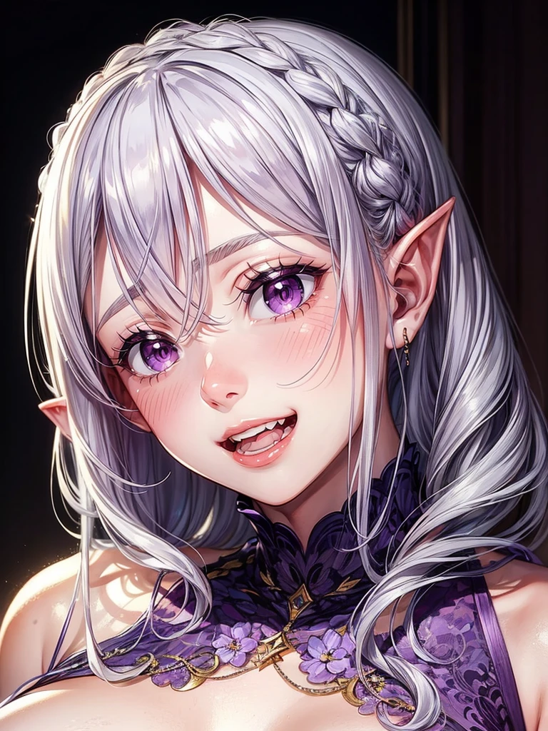 detailed face, (purple eyes), long eyelashes, realistic skin,pointy ears,open mouth,naughty smile