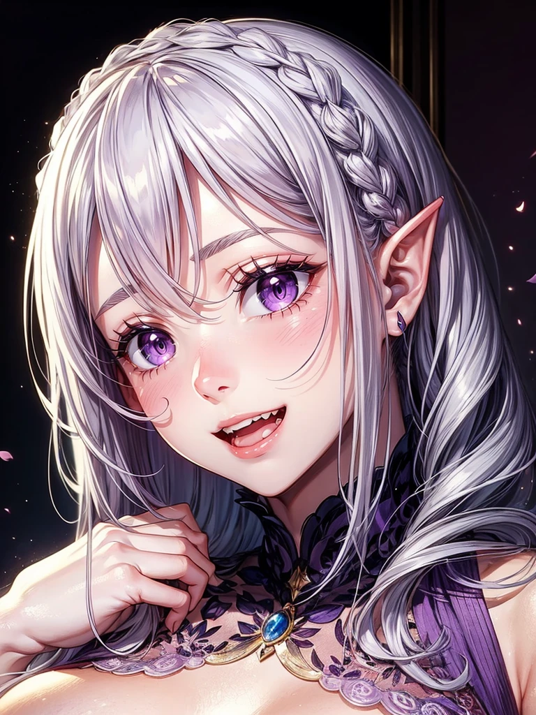 detailed face, (purple eyes), long eyelashes, realistic skin,pointy ears,open mouth,naughty smile