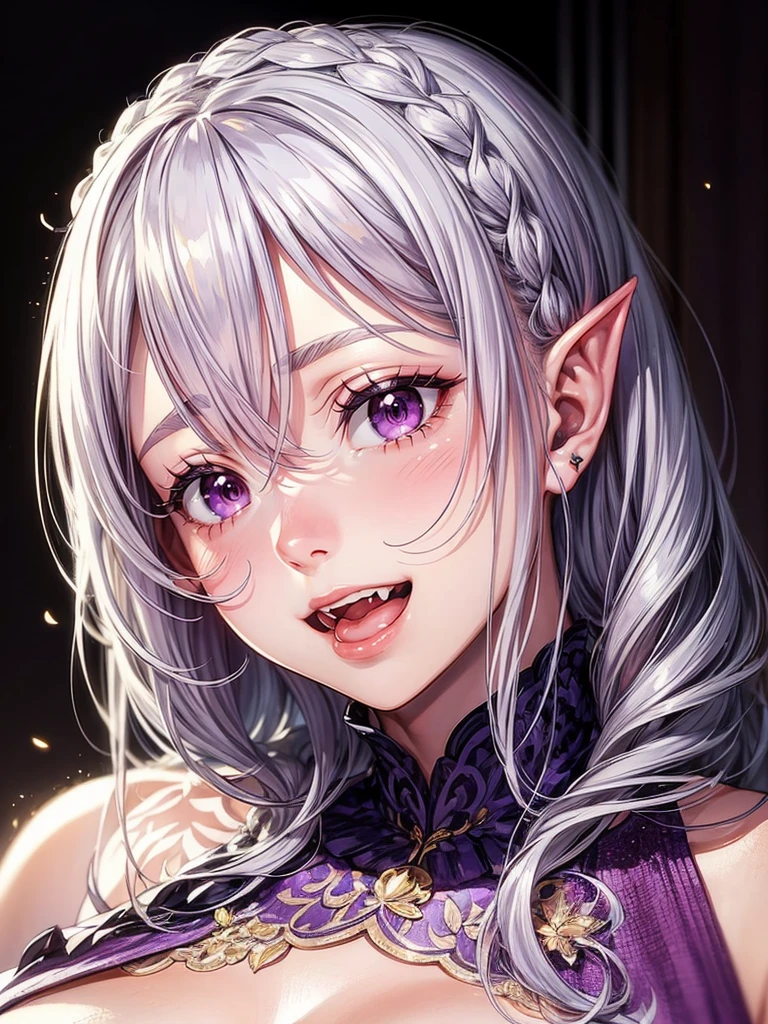 detailed face, (purple eyes), long eyelashes, realistic skin,pointy ears,open mouth,naughty smile