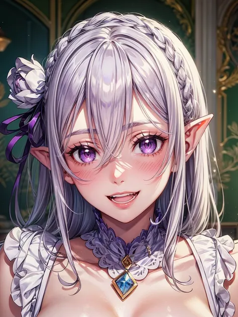 detailed face, (purple eyes), long eyelashes, realistic skin,pointy ears,open mouth,naughty smile