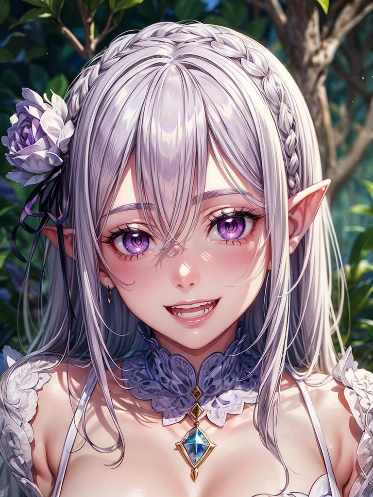 detailed face, (purple eyes), long eyelashes, realistic skin,pointy ears,open mouth,naughty smile