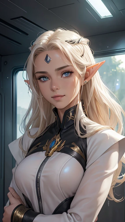 masterpiece, Highest quality, Highly detailed CG Unity 8k wallpaper,((whole body)), ((Bedroom in the spaceship)), (Long pointy ears), Elegant long wavy platinum blonde hair, ((Average Chest Circumference, Self-illuminating skin)), ((A revealing white-on-black military uniform)), (Sweaty, wet white skin), (Mechanical Circlet), (blush), , (Captivating smile), (Beautiful and sharp gaze), Symmetrical face, Fine grain, Key Art, Awards, intricate detail realism hdr, Photorealism, Hyperrealism, Ultra-realistic, Dramatic Light, Strong Shadows, Nice views, Written boundary depth