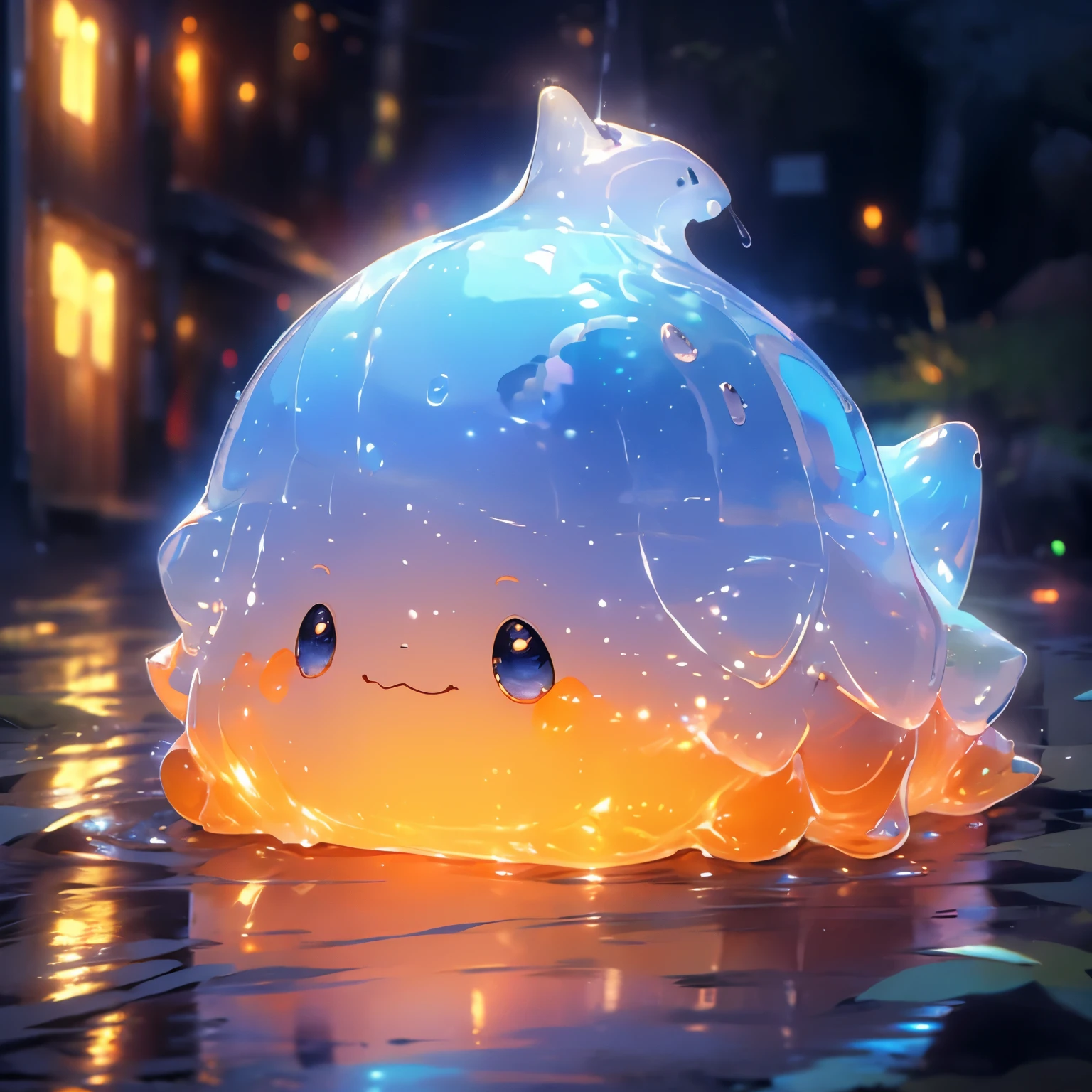 ( Cute Water Slime, Orangeのスライム, Shiny、that&#39;It&#39;s fluffy, Slime Texture, Transparent slime, glitter slime, Orange, 鮮やかなOrange, glitter and magic, Soft and stretchy, Tight fit and elasticity, playfulness and fun,、Playing with a 、Slime bubbles floating) 

(Highest quality, Super detailed, Realistic:1.37), Vibrant colors, Studio Lighting, Vibrant colors, Bokeh