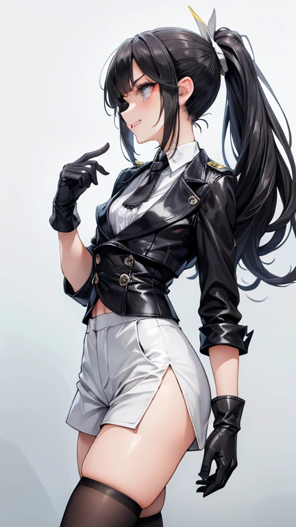 Adult features　tall　ponytail　Slit eyes　laugh at　Glare　frivolous attitude　White shirt　Black hot pants　Black long gloves　Black knee socks　grassland　profile