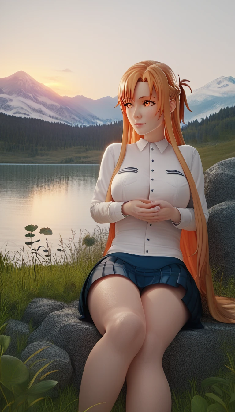 Fraction_9, Fraction_8_up, Fraction_7_Direction_6_up, Uncensored, Asuna Yuuki from Sword Art Online, Orange Hair, fold, Weaving, Long hair, Orange eyes, rest (masterpiece:1.2), best quality, high resolution, (Delicate eyes:1.3), Perfect lighting, (Perfect hands, perfect anexistomy),1 Girl, Grass, Solitary, onlyfoot, sit, breast, Mountain, Sunset, skirt, only_Shoulders, outdoor, Watching_exist_Viewer, leave_Shoulder, site, Sky, lake, clavicle, Mountainous_horizon, India_style, twilight, Tree, Black_skirt, Large target_breast, landscape, Moderate_breast, foot, leave-Shoulder_skirt, rock, 