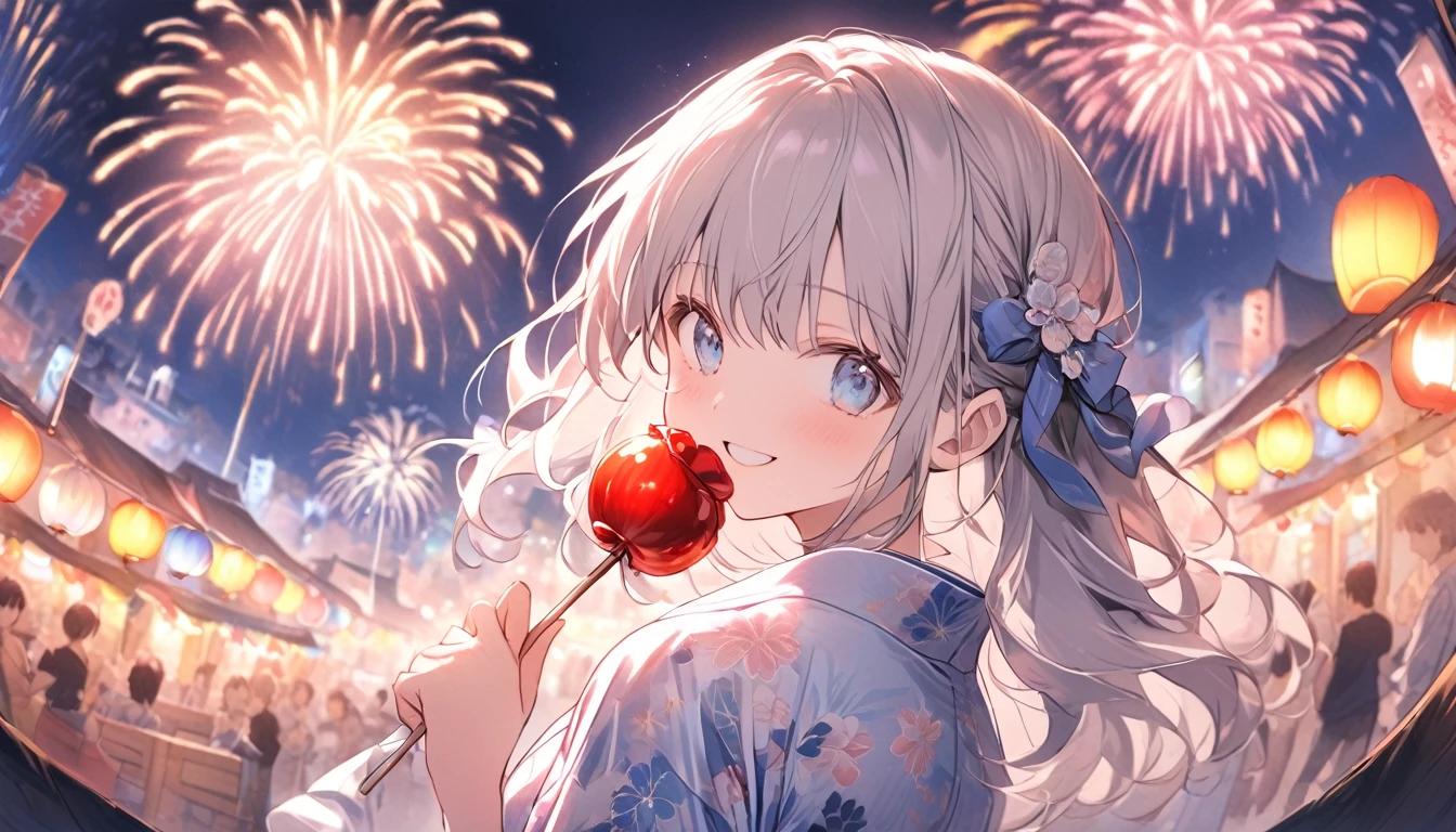 (masterpiece:1.2),アニメcute女の子、cute、Silver Hair、Long Hair、Half Up、hair ornaments、Beautiful Blue Eyes、Red eyeliner、Girl in yukata、Yukata with bright floral pattern、Pink Yukata、Short length、smile、((holding a candy apple in one hand)),Night house、Night Festival、(((background、firework)))、festival、summer night、Light Generation、Beautiful artwork、Detail view、Scenes of Youth、Fisheye Lens、close,pale colour