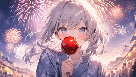 (masterpiece:1.2),アニメcute女の子、cute、silver hair、long hair、half up、hair ornaments、beautiful blue eyes、red eyeliner、girl in yukata、y...