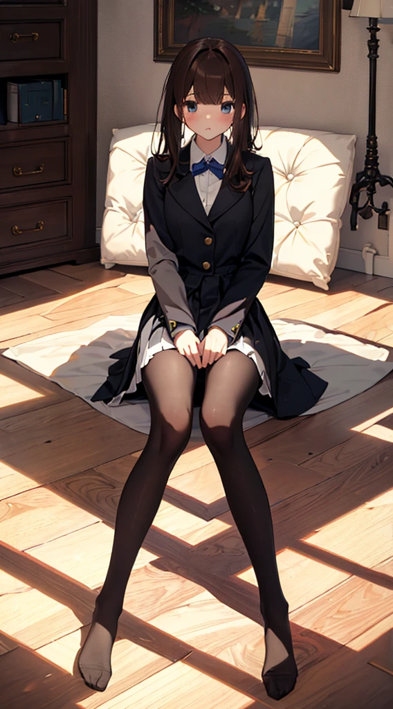 Top quality, masterpiece, High resolution, (Head to toe full body), front, frontComposition from slightly below, Symmetric, Tall 18 year old girl, alone, (Head to toe), (Small breasts), Unkempt brown hair, bangs, (black tights), (Black Pantyhose), (Sit with your legs apart), (Crouching pose), (A composition showing white panties), (Her legs were spread、I see your white pants.), (I was made to sit on the floor with my legs spread..), (M-shaped legs), Thin legs, A very beautiful and tall 1 girl, (No shoes), blush, Shy big eyes, looking at the camera, Blazer Uniform, Checkered Pleated Skirt