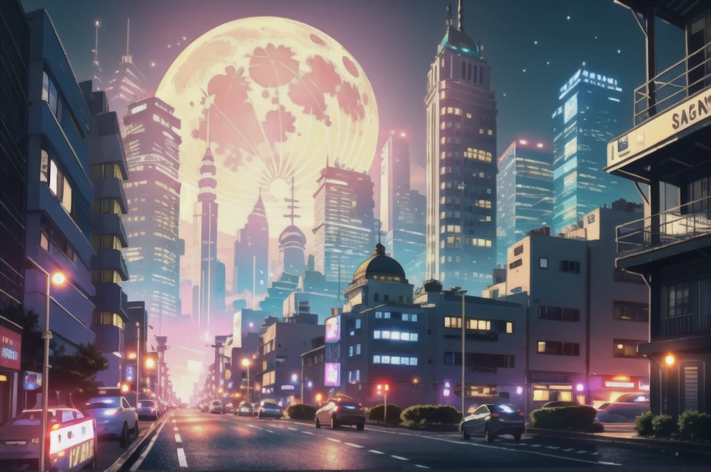 (masterpiece:1.2, 最high quality:1.2, beautiful, high quality, High resolution:1.1, beautiful), Familiar, extremely Familiar, Soft indirect lighting, 4K, (Perfect Eyes:1.3),At night,Wonderful Moon,full moon,(city:1.3),neostyle,cityscape,scenery 