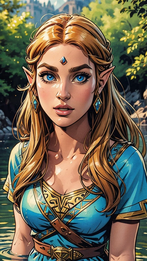 (beautiful detailed eyes, beautiful detailed lips, extremely detailed eyes and face, long eyelashes), (princess zelda and link from the legend of zelda), (water colour: 1.2), blurry background, (best quality, 4k, 8k, highres, masterpiece: 1.2), ultra-detailed, (realistic, photorealistic, photo-realistic: 1.37), fantasy, adventure, vibrant colors, high resolution