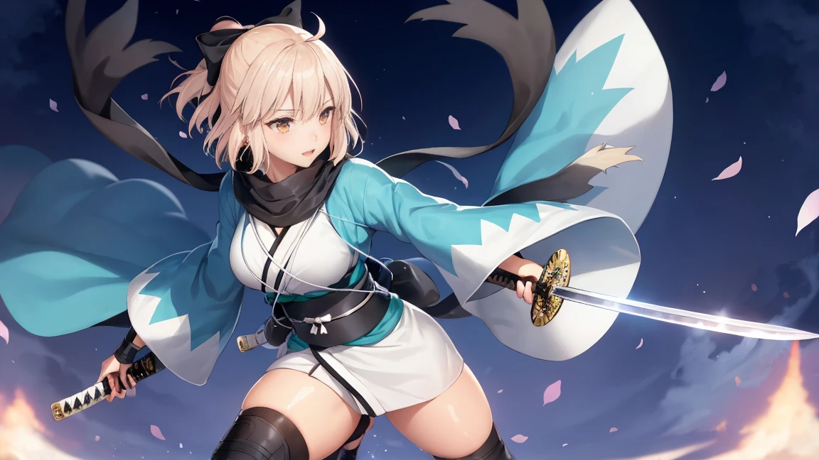 (Highly detailed CG), (Highest quality), Perfect Face, Shiny skin, Shiny skin,Wide Hips, One girl,alone ,Holding a large Japanese sword、Seen in dynamic action poses, Stand in the center of the screen、okitasouji,Arm guard,Wide sleeves,Toeless legwear,bangs,heart, white kimono, Shinsengumi, Black thighs, Yellow Eyes,Knee socks , short kimono, Haori, black bow, black scarf, short hair, Ahoge, scarf, Blonde, hairbow,bow, kimono,kimono,