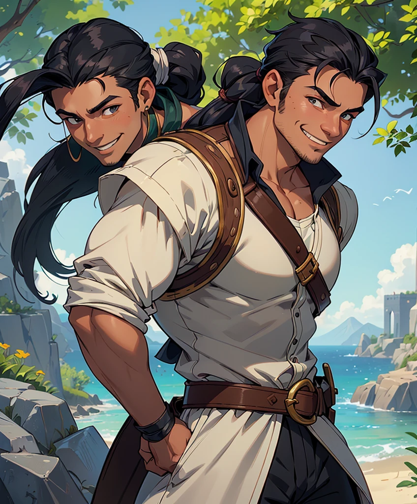 (((Single character image.))) (((1boy))) (((Dressed in medieval swashbuckler attire.))) (((Shoulder length hair))) (((Cute black hair in a topknot.))) This is a dashing male adventurer in a high fantasy setting. He is attractive to women and has all the attributes that make him a heartthrob. (1boy, one male) (male focus) ((front view)) (upper body), (((muscular male, bodybuilder))), , (((Cute smile.))) thick epic, heroic, tanned, perfect face, (detailed facial features), cute smile, outdoor setting, highly detailed, volumetric light, artstation, strong erotic overtones, dressed in a puffy shirt and pirate vest flirty, best quality:1.0,hyperealistic:1.0,photorealistic:1.0,madly detailed CG unity 8k wallpaper:1.0,masterpiece:1.3,madly detailed photo:1.2, hyper-realistic lifelike texture:1.4, picture-perfect:1.0,8k, HQ,best quality:1.0,