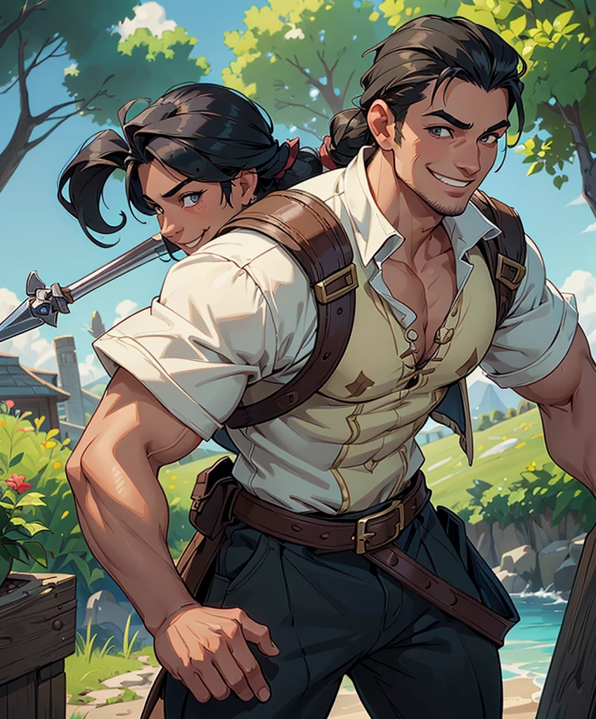 (((Single character image.))) (((1boy))) (((Dressed in medieval swashbuckler attire.))) (((Shoulder length hair))) (((Cute black hair in a topknot.))) This is a dashing male adventurer in a high fantasy setting. He is attractive to women and has all the attributes that make him a heartthrob. (1boy, one male) (male focus) ((front view)) (upper body), (((muscular male, bodybuilder))), , (((Cute smile.))) thick epic, heroic, tanned, perfect face, (detailed facial features), cute smile, outdoor setting, highly detailed, volumetric light, artstation, strong erotic overtones, dressed in a puffy shirt and pirate vest flirty, best quality:1.0,hyperealistic:1.0,photorealistic:1.0,madly detailed CG unity 8k wallpaper:1.0,masterpiece:1.3,madly detailed photo:1.2, hyper-realistic lifelike texture:1.4, picture-perfect:1.0,8k, HQ,best quality:1.0,