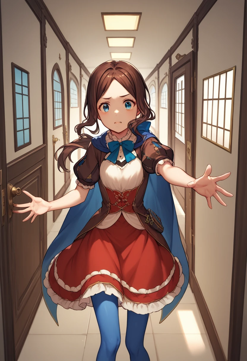 One girl, blue eyes, Long Hair, Brown Hair, Side Lock, Low Ponytail, ribbon, dress, White shirt, Puffy sleeves, Short sleeve, Red Skirt, Cape, Blue Pantyhose, Hallway with many doors,Ajar door,Hand reaching out from the door