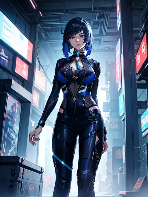 Yelan from Genshin impact, 1woman, wearing a futuristic cyberpunk outfit, at future city, black colour hair with blue end, 8k, h...