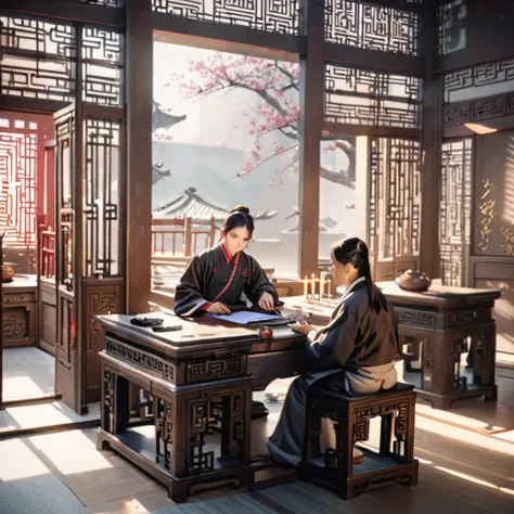 a detailed ancient chinese school classroom interior, male teacher teaching male students, traditional chinese architecture, sun...