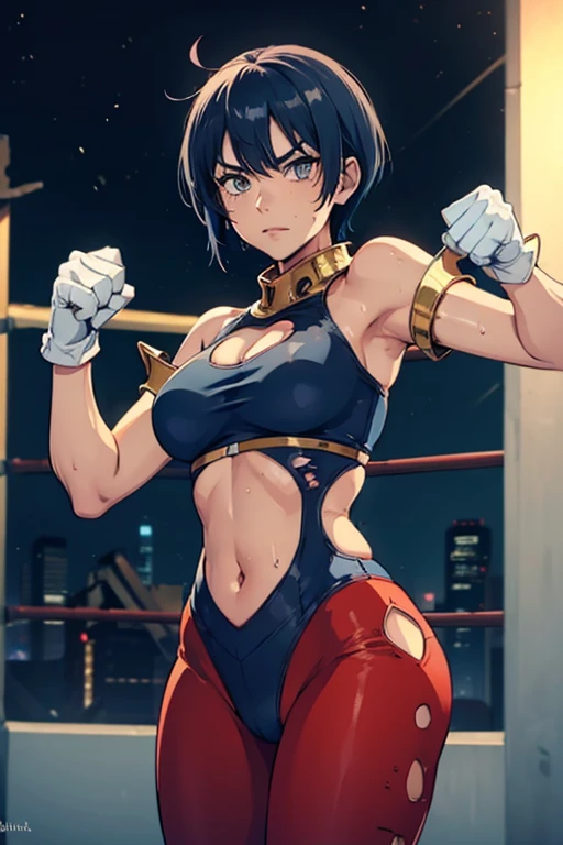 (best quality,masterpiece,ultra highres,cel anime,8k:1.2),(1man:1.5),1mature woman in(short blue haired,30years old), BREAK (in the night ruin:1.7),(abs:0.8), BREAK (blue leotard in red line:1.2), BREAK (red yoga pants:1.4), BREAK (white gloves:1.4), BREAK (navel cutout:1.5),(sweat:1.2),(sholder bare), BREAK (selious, scowl:1.2),(motion blur),(fighting stance:1.3),(punching,rushpunch:1.4),